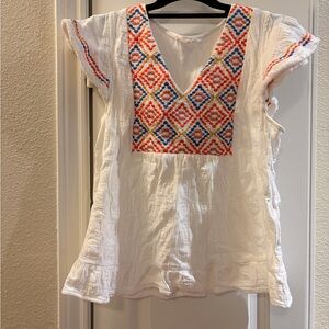 THML White with Coral, Blue & Gold Embroidered V-Neck